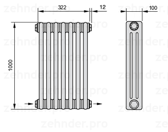 Схема (чертеж) Радиатор Zehnder Charleston 3100/7 №2670 Белый глянцевый RAL 9016